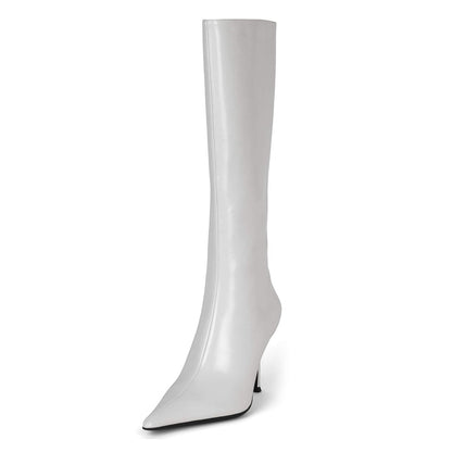 White Pointed Toe  Stiletto Heel Wide Calf Knee High Boots