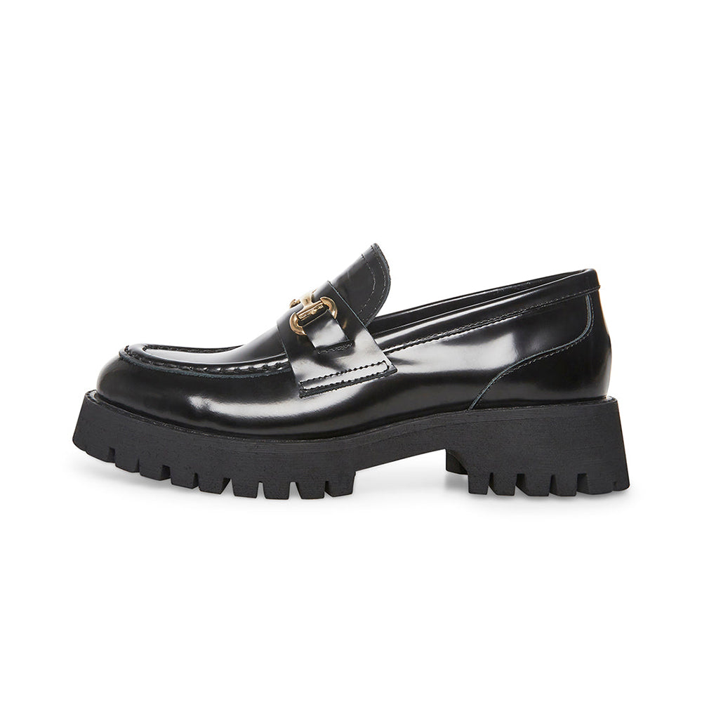 Black Round Toe  Loafers With Chain Decor Lug Sole Loafers