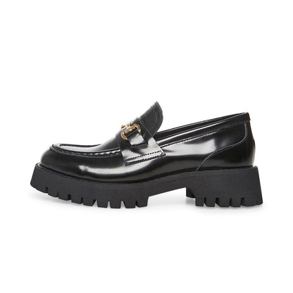 Black Round Toe  Loafers With Chain Decor Lug Sole Loafers