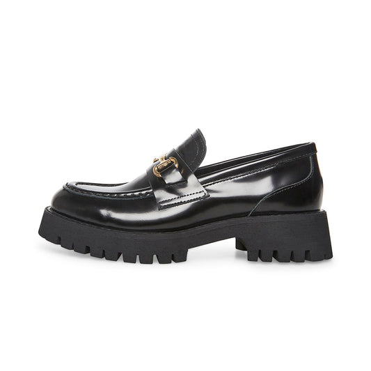 Black Round Toe  Loafers With Chain Decor Lug Sole Loafers