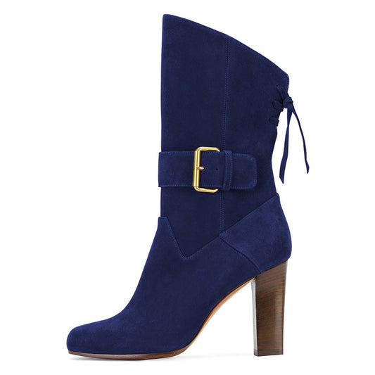 Blue Vegan Suede Square Toe Back Lace Up Chunky Heel Mid Calf Boots