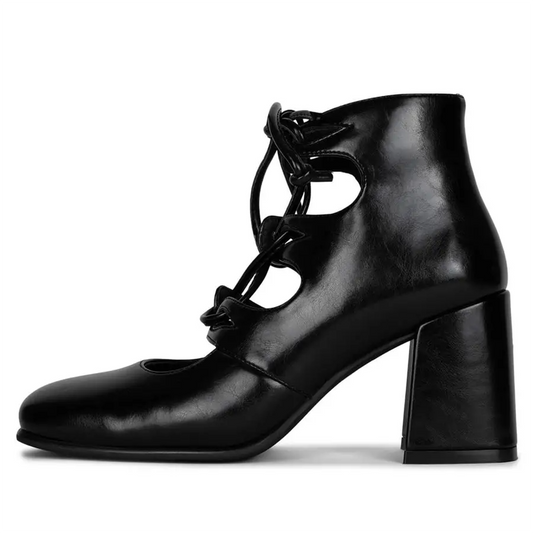 Black Square Toe Chunky Heel Lace Up Loafers