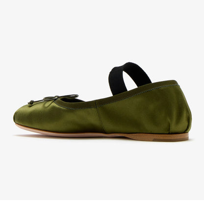 Olive Satin Round Toe Bow Accents Ballet Flats with A Strap