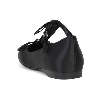 Black Satin Round Toe Rhinestone and Bow Decorative Mary Jane Flats