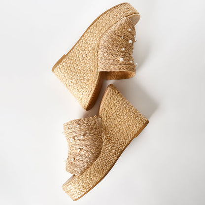 Nude Open Toe Wedge Heel Woven Platform Mules Summer Pearl Sandals