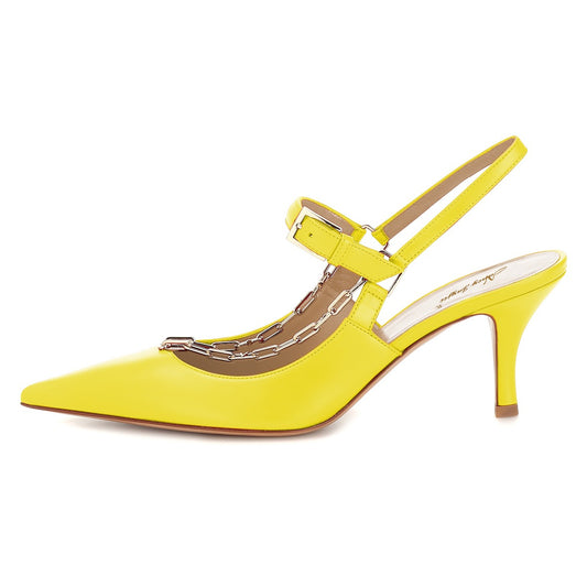 Yellow Stiletto Heel Buckle Strap Slingback Pumps Shoes with Chain