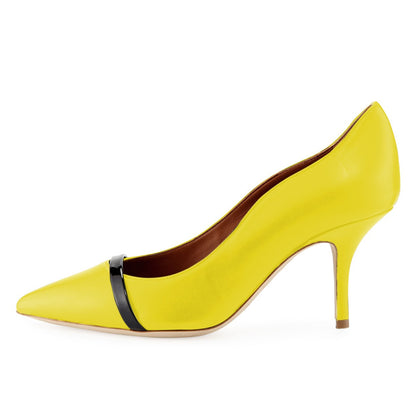 Yellow Vegan Leather Pumps Curved Edge Pointed Toe Stiletto Heels