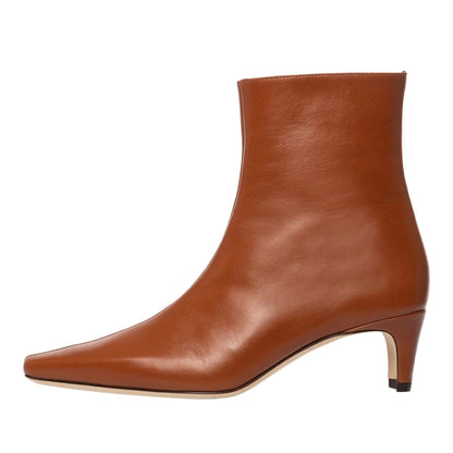Vegan Leather Zipper Snip Toe Block Heeled Ankle Boots in Brown