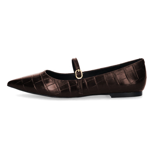 Chic Croc Embossed Buckle Strap Pointed Toe Flats in Brown