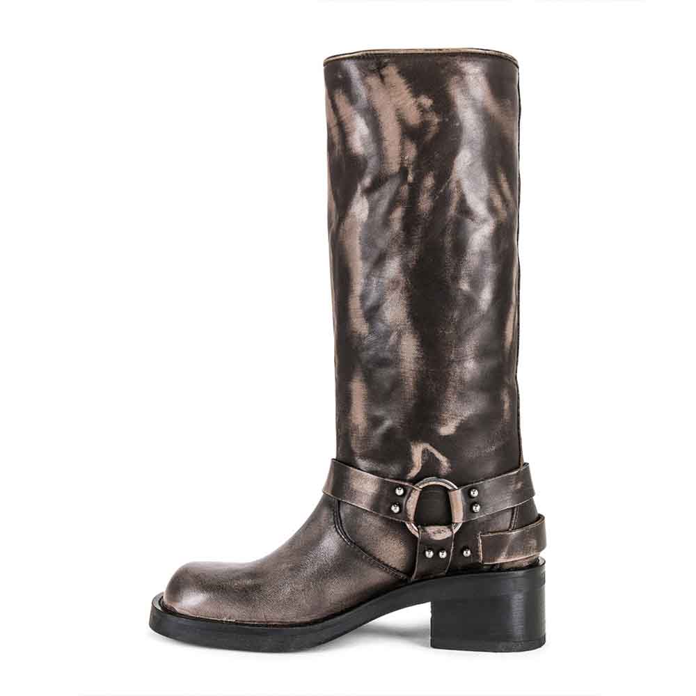 Black Square Toe Chunky Heel Buckled Knee High Boots