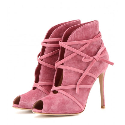 Women's Pink Peep Toe Strappy Stiletto Heel Ankle Boots