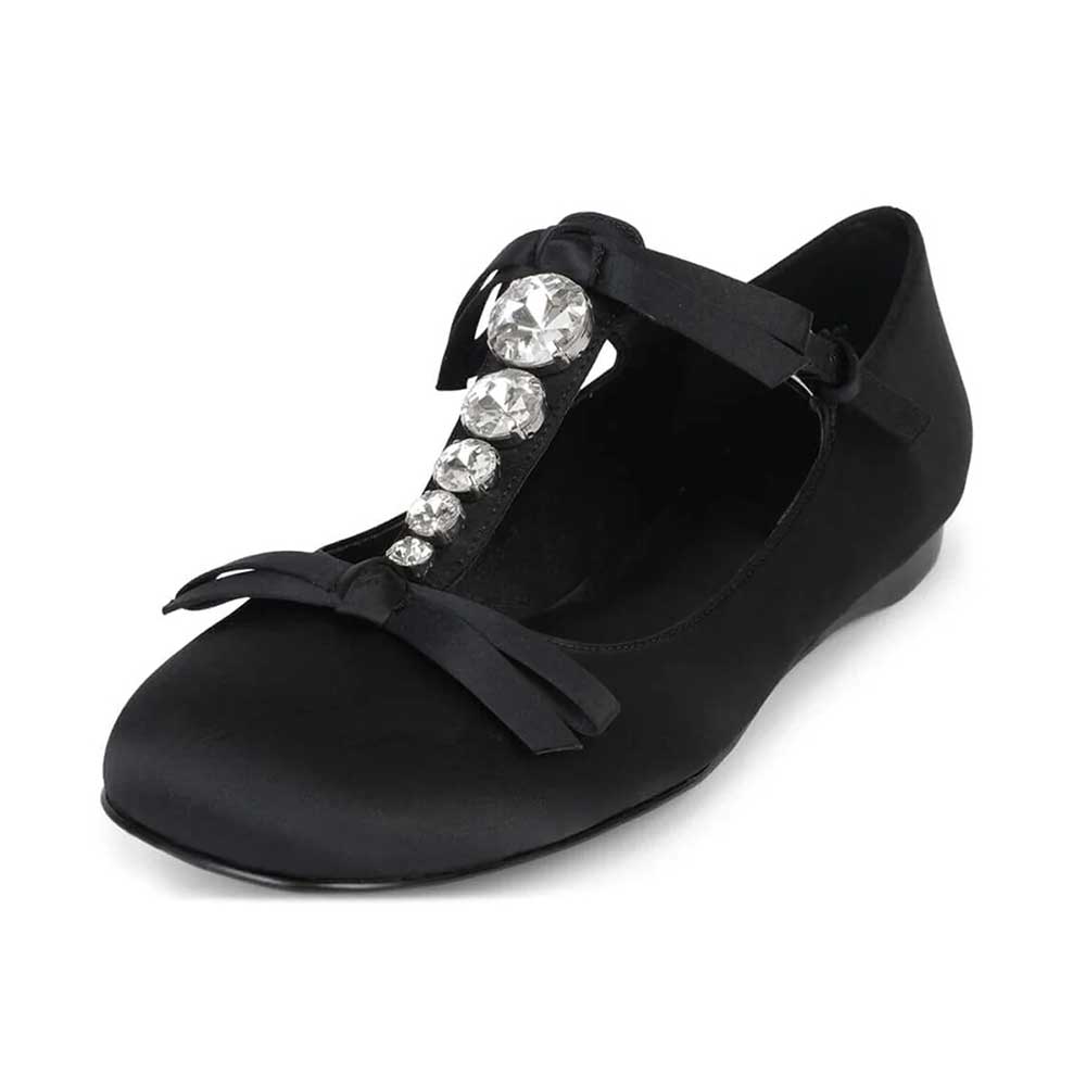 Black Satin Round Toe Rhinestone and Bow Decorative Mary Jane Flats