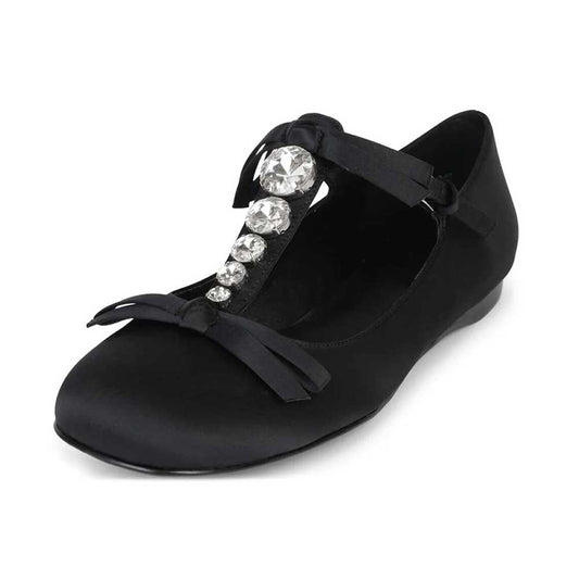 Black Satin Round Toe Rhinestone and Bow Decorative Mary Jane Flats
