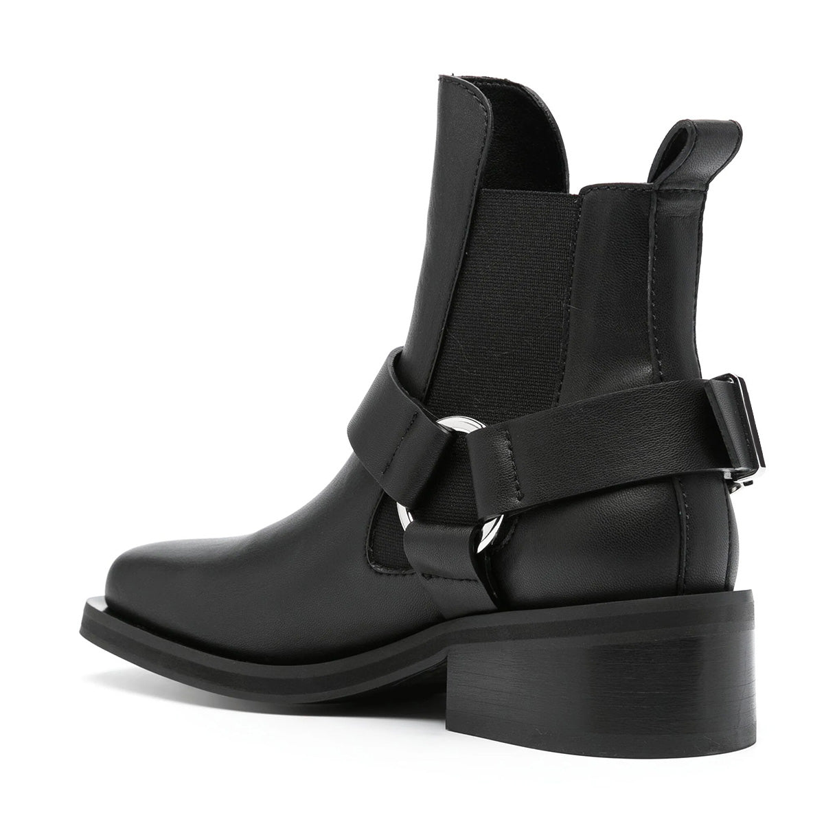Black Buckle Strap Square Toe Ankle Boots for Women with Low Heel