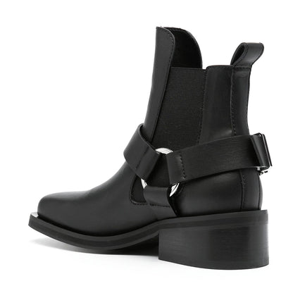 Black Buckle Strap Square Toe Ankle Boots for Women with Low Heel