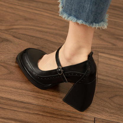 Black Vegan Leather Closed Toe 4'' Chunky Heel Platform Loafers