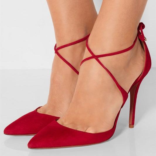Red Pointed Toe Crisscross Straps Rear Lace Up Pumps Heels for Women