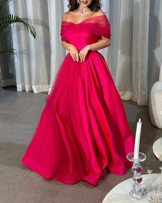 Off The Shoulder Hot Pink A-Line Evening Prom Dress