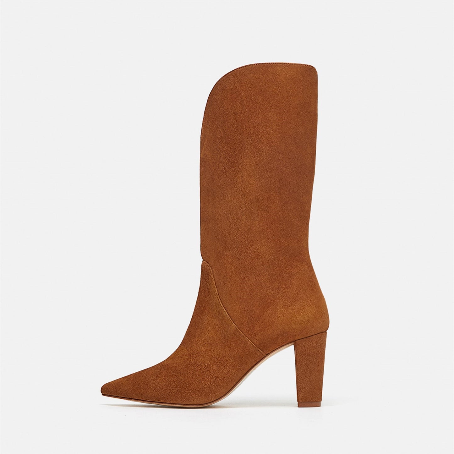 Tan Vintage Vegan Suede Pointy Toe Mid Calf Boots with Block Heels