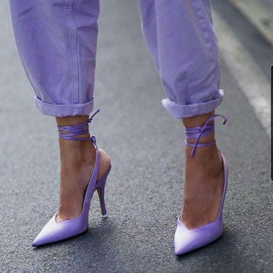 Women's Purple Satin Pointy Toe Stiletto Heels Ankle Wrap Pumps Shoes