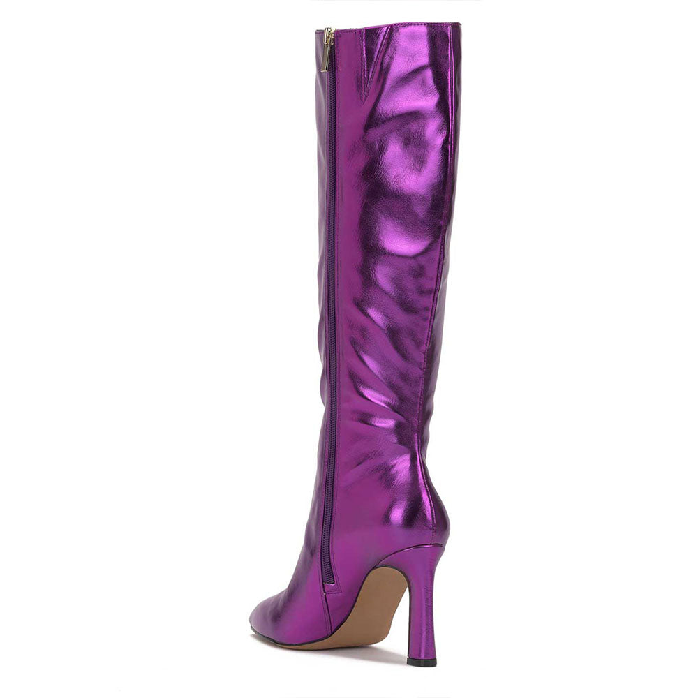 Purple Metallic Pointed Toe Chunky Heel Side Zipper Knee High Boots