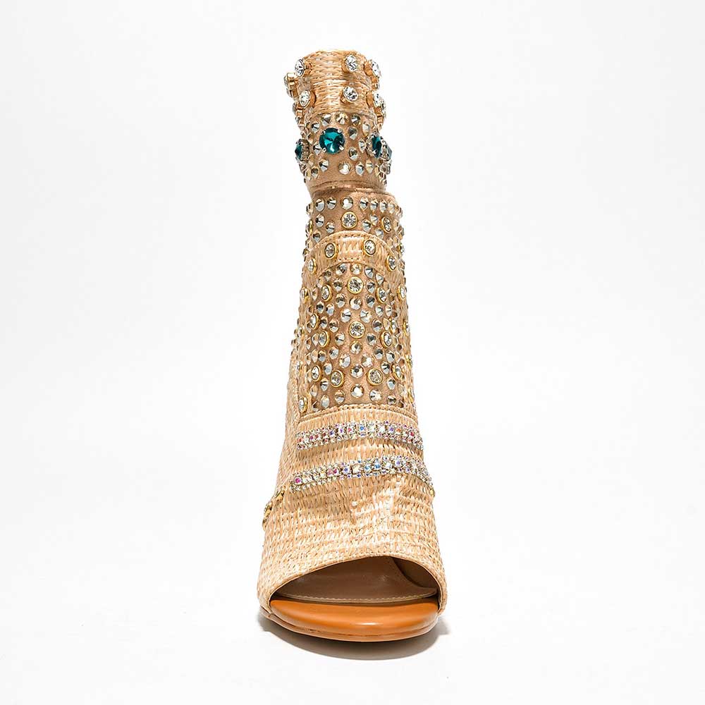 Nude & Beige Woven Wedge Heel Rhinestone Embellished Open Toe Boots