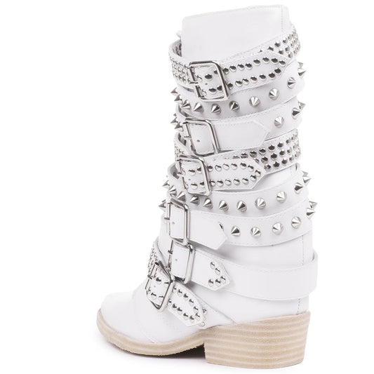 White Vintage Rivets Buckle Strap Low Heel Western Ankle boots