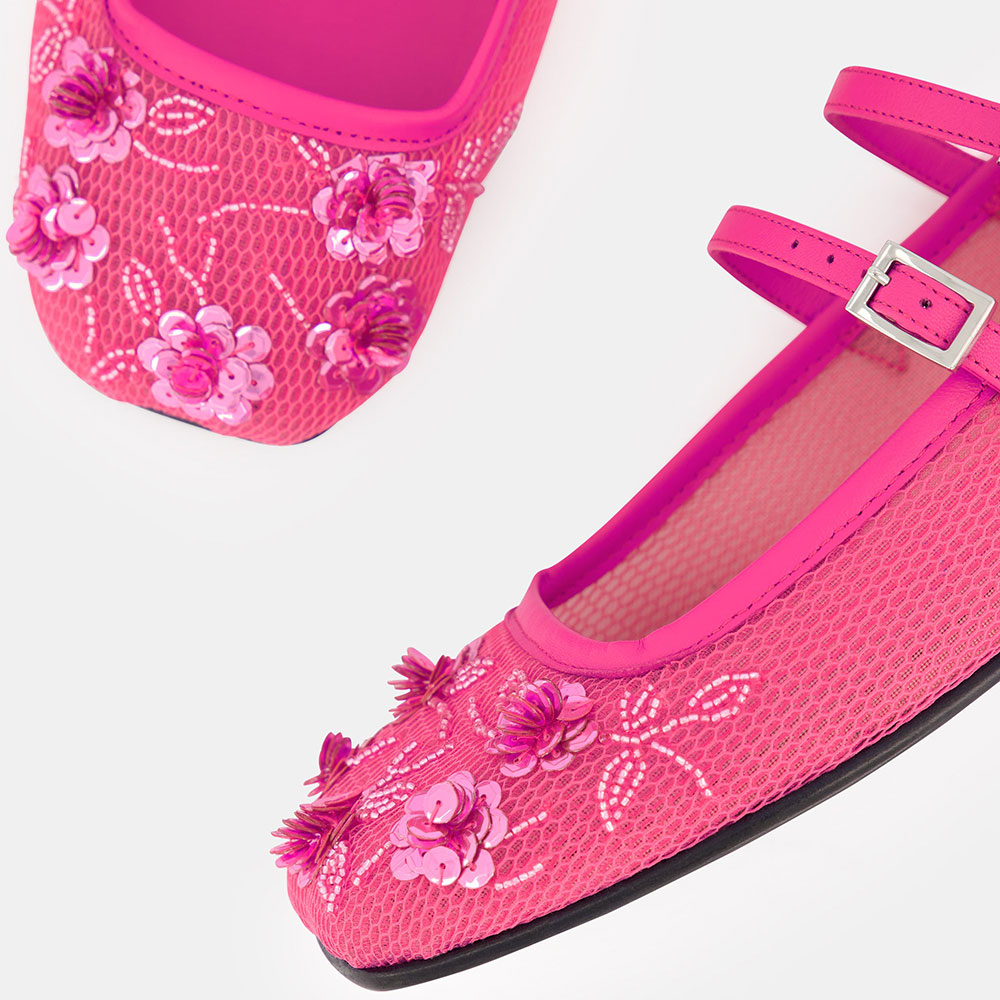 Pink Mesh Floral Beads & Sequins Buckle Fastening Mary Jane Flats