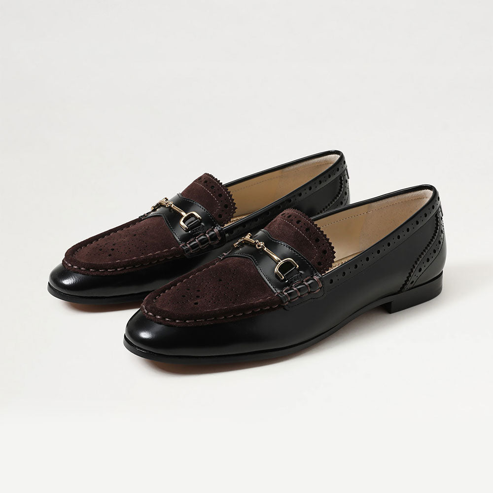 Black and Dark Brown Closed-Toe Perforated Flat Horsebit Loafers