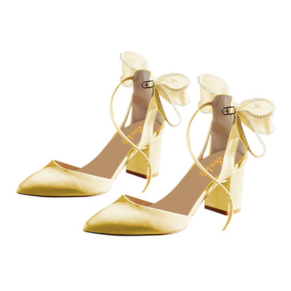 Yellow Satin Pearls Bow Pointed Toe Chunky Heel Buckle Pumps for Women