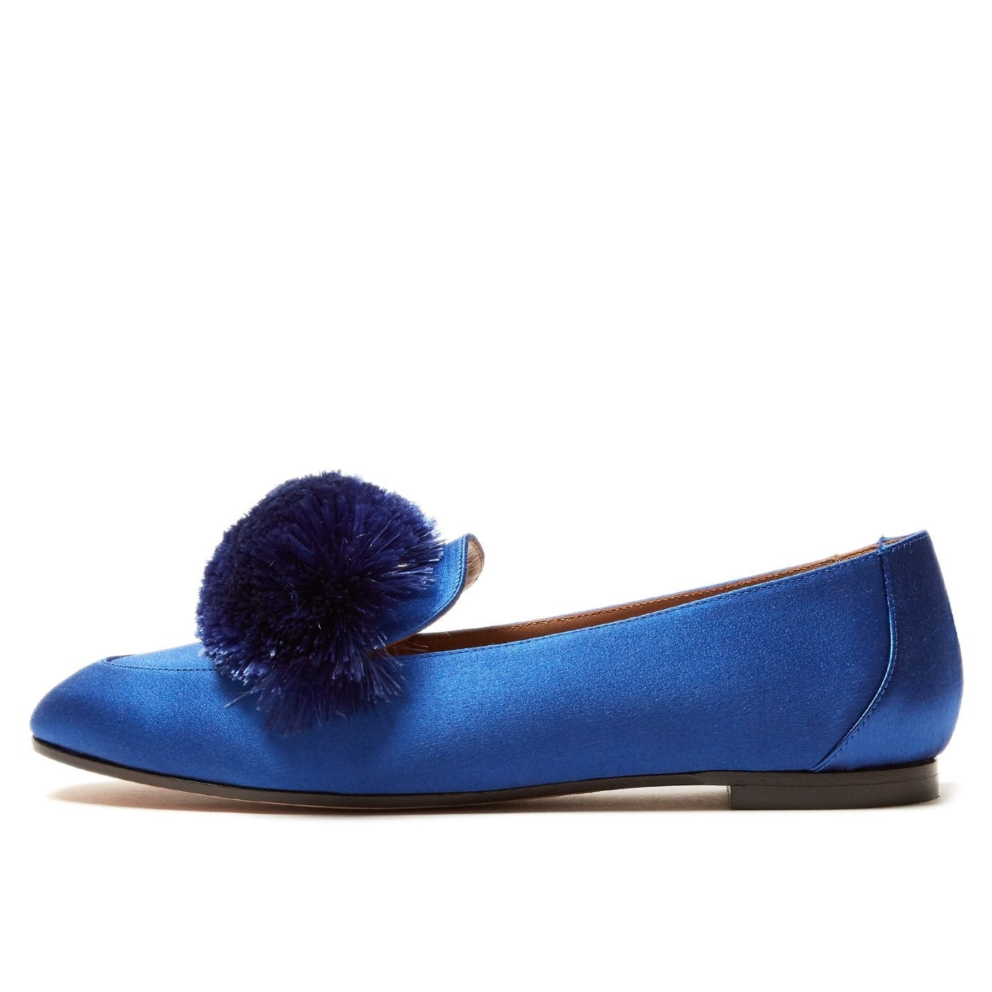 Royal Blue Satin Square Toe Pom Pom Flats Women's Loafers