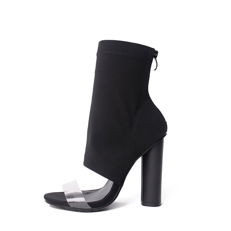 Black Transparent Band Open Toe High Heel Ankle Boots