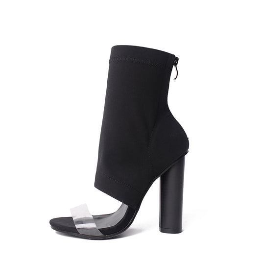 Black Transparent Band Open Toe High Heel Ankle Boots