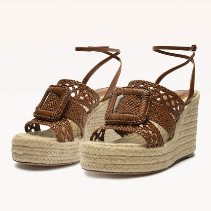 Brown & Beige Woven Buckled Ankle Strap Platform Wedge Sandals