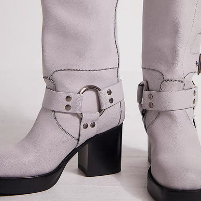 White Closed Toe Chunky Heel Platform Mid Calf Boots