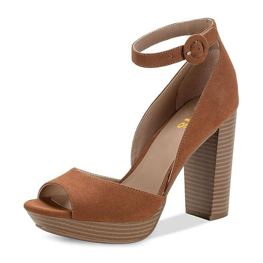 voyabags Brown Vegan Suede Peep Toe Ankle Strap Platform Heels