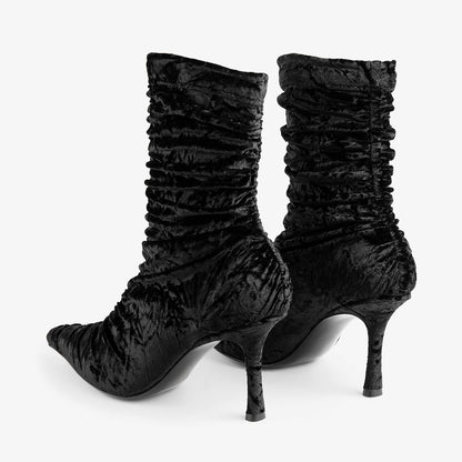 Simple Black Velvet Pointed Toe Spool Heel Pleated Sock Booties