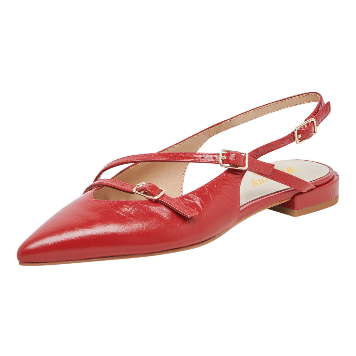Red Vegan Leather Buckle Strappy Pointed Toe Flats with Slingback
