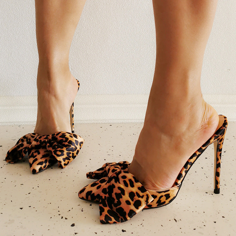 Women's Pointed Toe Heels Classic Leopard Print Stiletto Mules Shoes