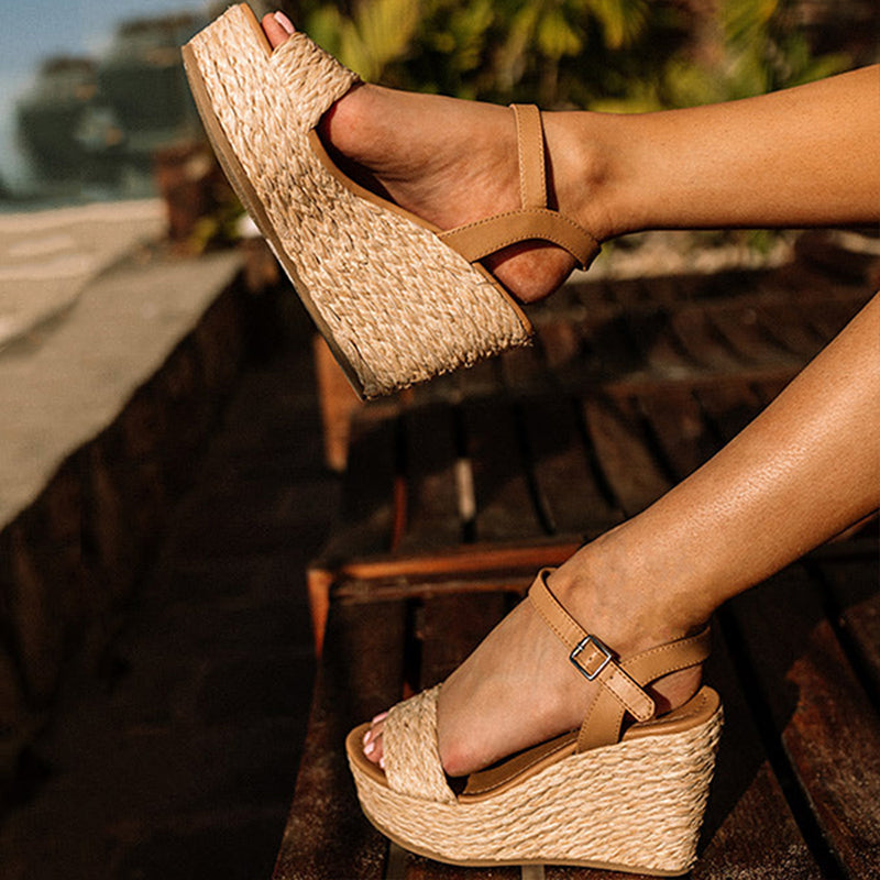 Vintage Khaki Espadrille Wedge Sandals Open Toe Woven Platform Heels