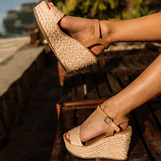 Vintage Khaki Espadrille Wedge Sandals Open Toe Woven Platform Heels