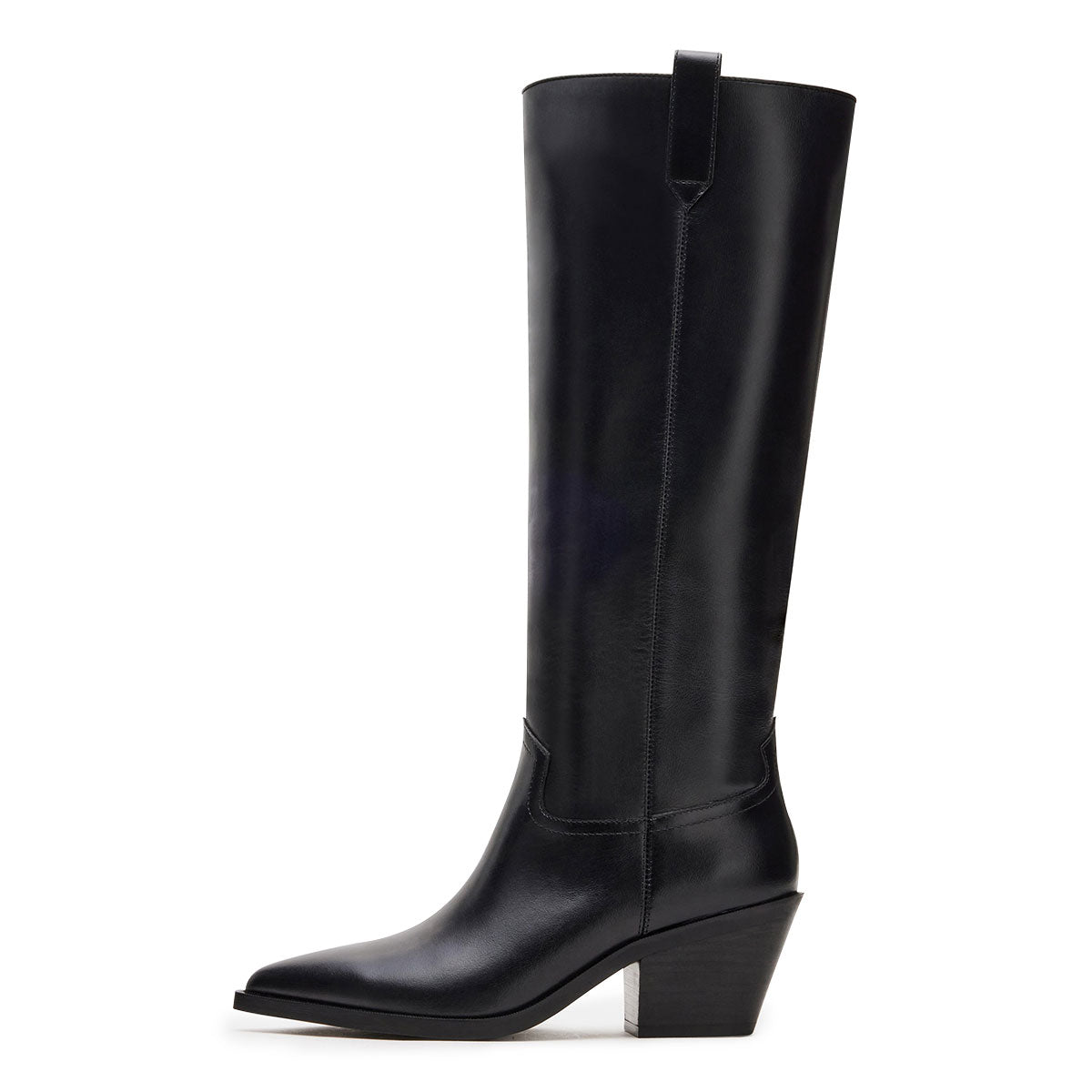 Black Vegan Leather Pointed Toe Chunky Heel Knee High Boots for Women