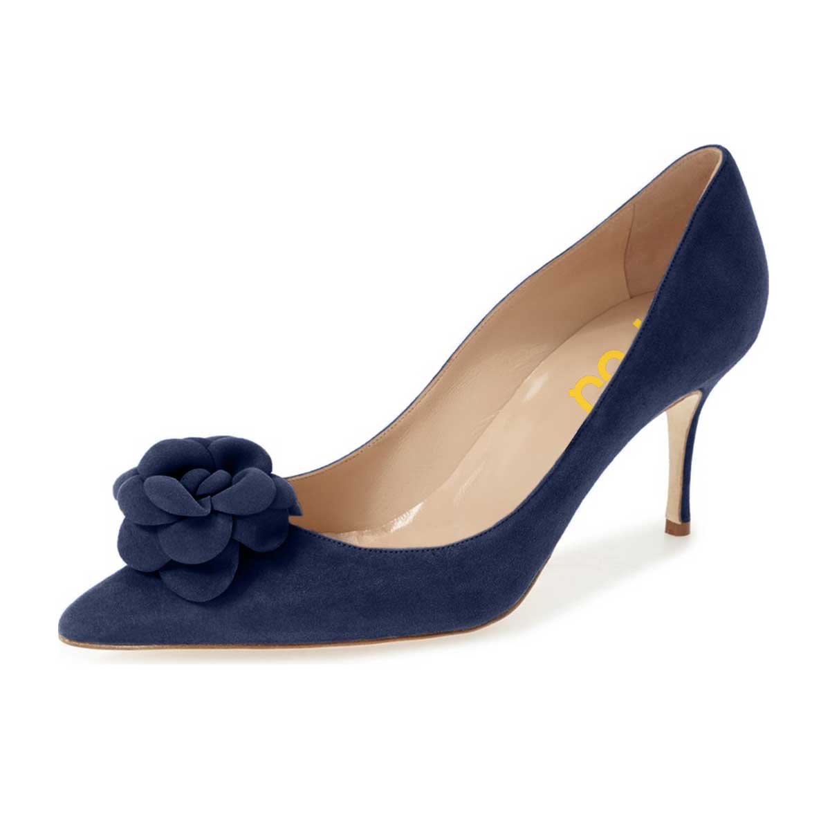 Women's Navy Flower Heels Pointed Toe Vegan Suede Dress Pumps Shoes