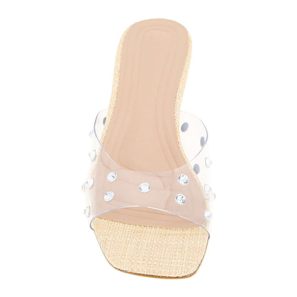 Beige Open Square Toe Rhinestone Kitten Heel Clear Mules Sandals