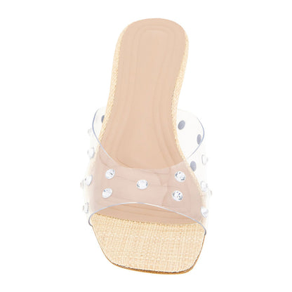Beige Open Square Toe Rhinestone Kitten Heel Clear Mules Sandals