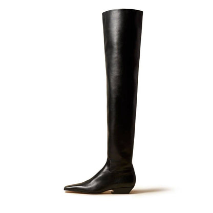 Black Square Toe Low Heel Pull-On Zipper Over the Knee High Boots