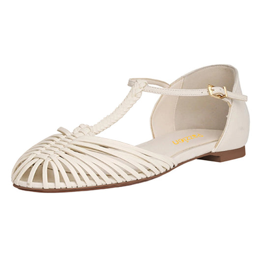 Ivory Woven T-Strap Cut-Out Round Toe Buckle Flat Shoes Women