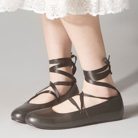 Classy Black Vegan Leather Round Toe Ballet Flats with Straps