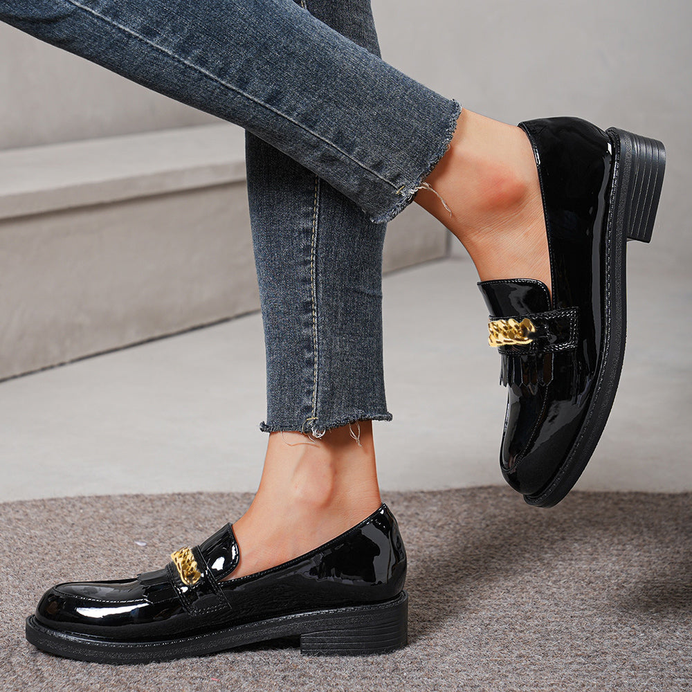 Black Patent Leather Rounded Toe Block Heel Loafers with Gold Chain
