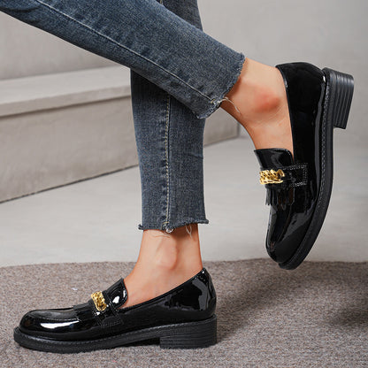 Black Patent Leather Rounded Toe Block Heel Loafers with Gold Chain